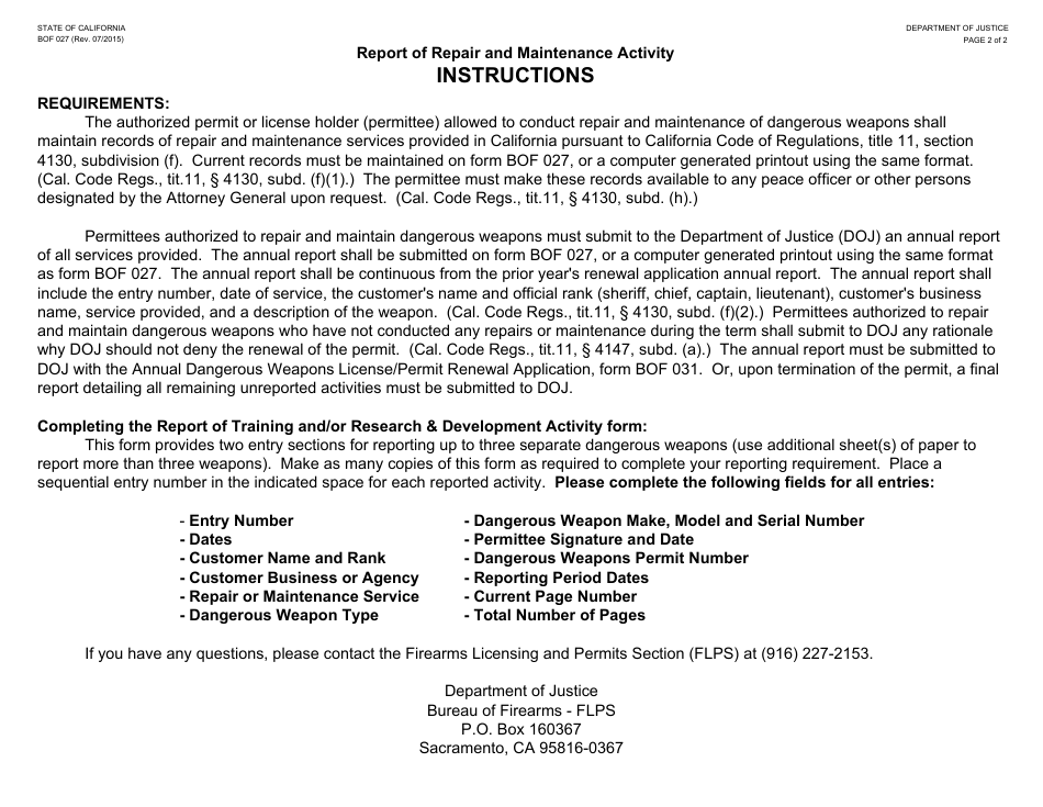Form BOF027 Report of Repair and Maintenance Activity - California, Page 2