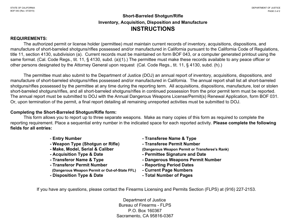 Form BOF043 Short-Barreled Shotgun / Rifle Inventory, Acquisition, Disposition and Manufacture - California, Page 2