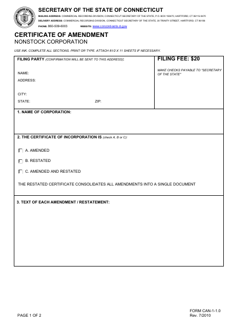 Form CAN-1-1.0 Certificate of Amendment - Nonstock Corporation - Connecticut