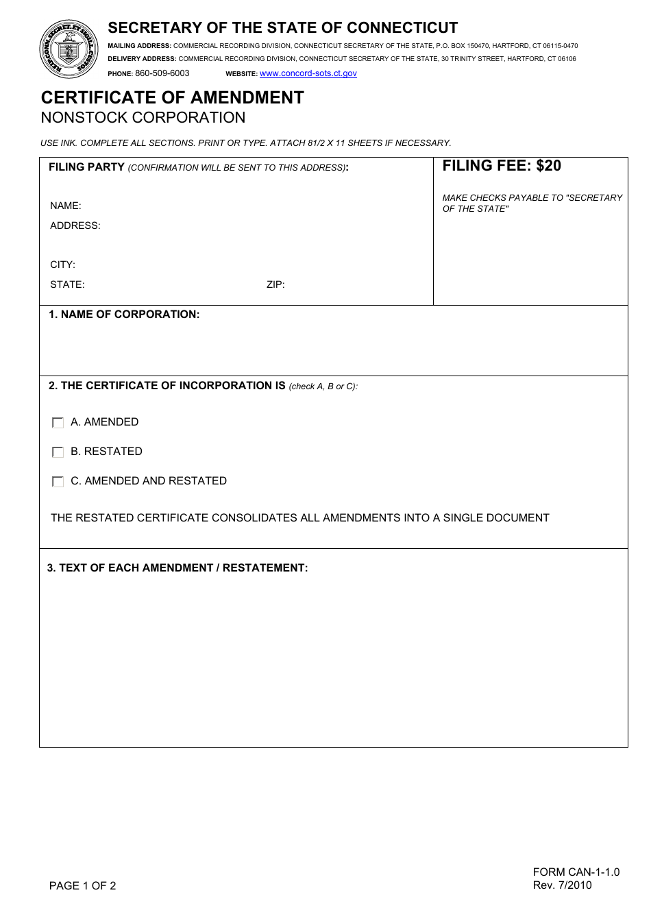Form CAN-1-1.0 Certificate of Amendment - Nonstock Corporation - Connecticut, Page 1