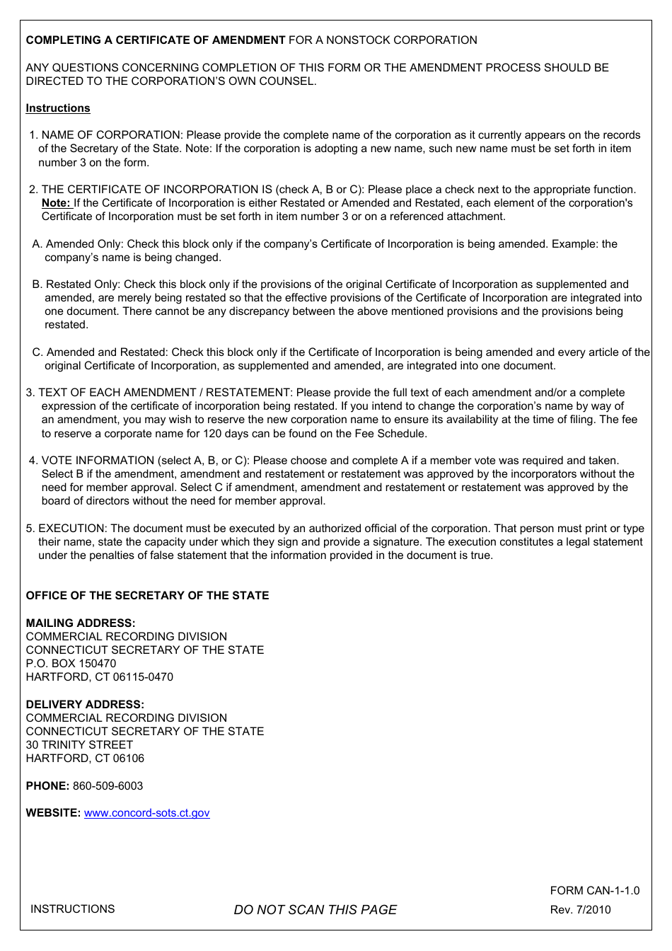 Form CAN-1-1.0 Certificate of Amendment - Nonstock Corporation - Connecticut, Page 3