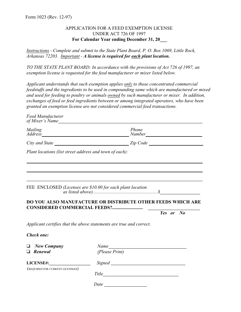 Form 1023 Application for a Feed Exemption License Under Act 726 of 1997 - Arkansas, Page 1