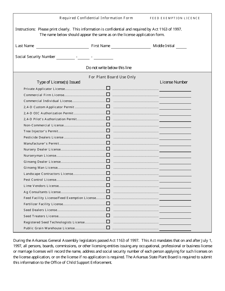 Required Confidential Information Form - Feed Exemption Licence - Arkansas, Page 1
