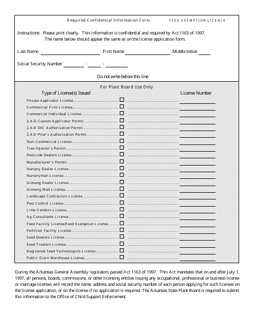 Required Confidential Information Form - Feed Exemption Licence - Arkansas