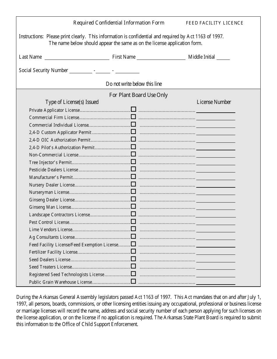 Required Confidential Information Form - Feed Facility Licence - Arkansas, Page 1