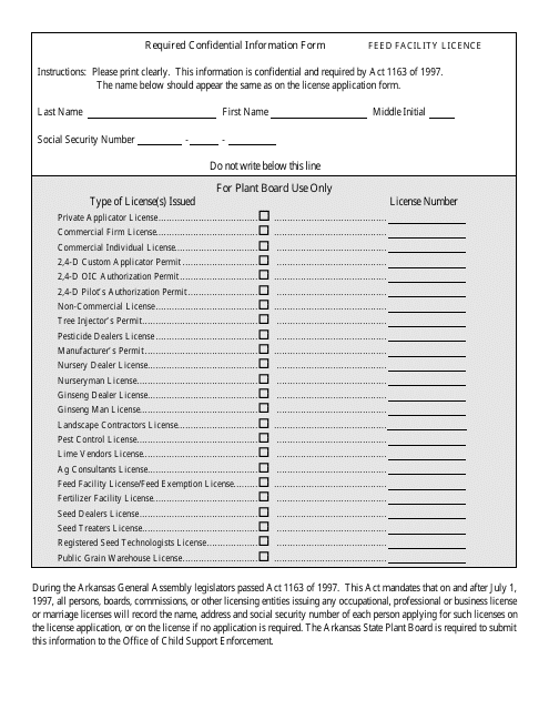 Required Confidential Information Form - Feed Facility Licence - Arkansas