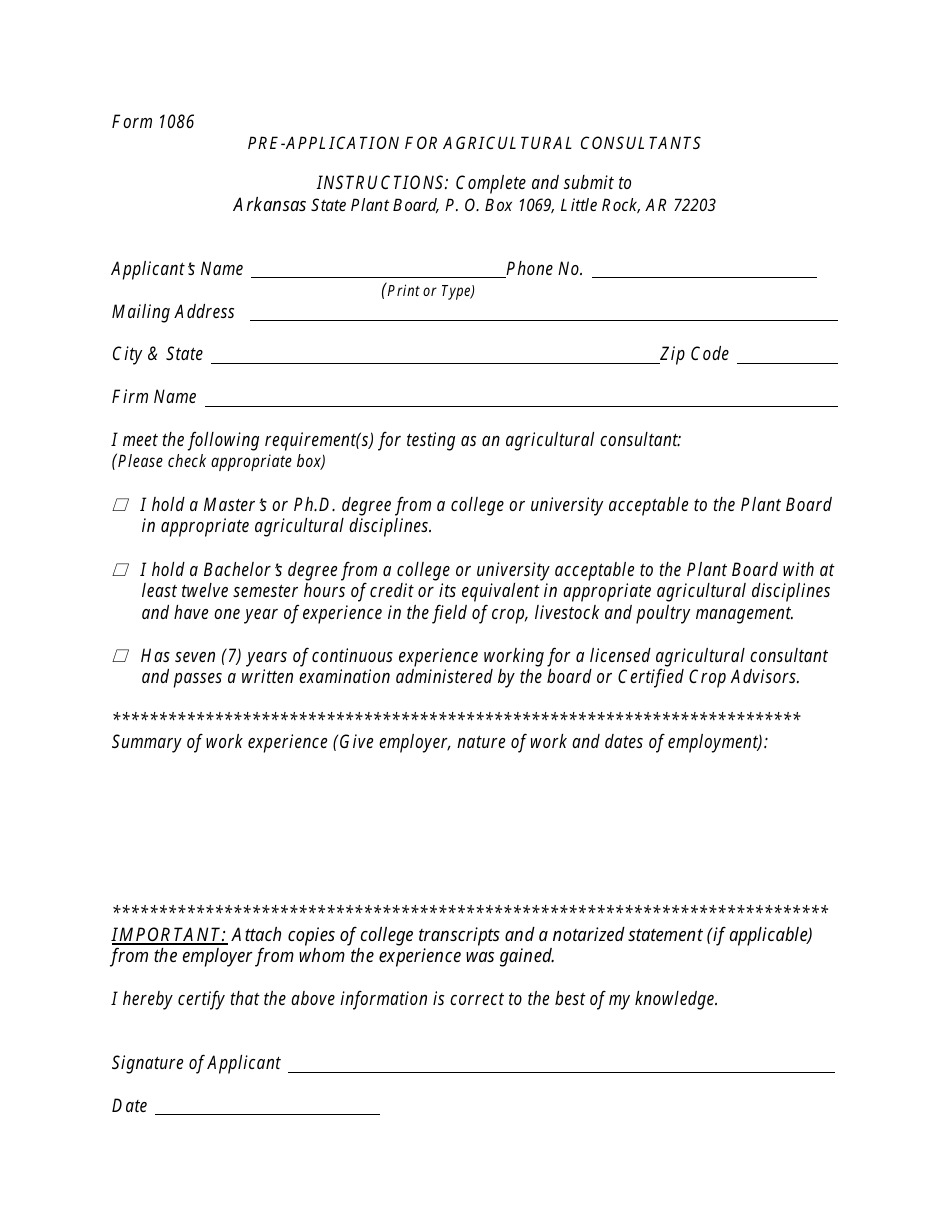 Form 1086 Pre-application for Agricultural Consultants - Arkansas, Page 1