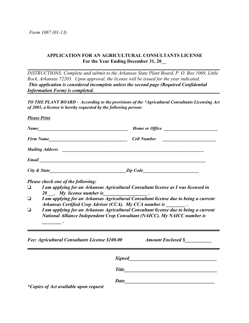 Form 1087 Application for an Agricultural Consultants License - Arkansas, Page 1