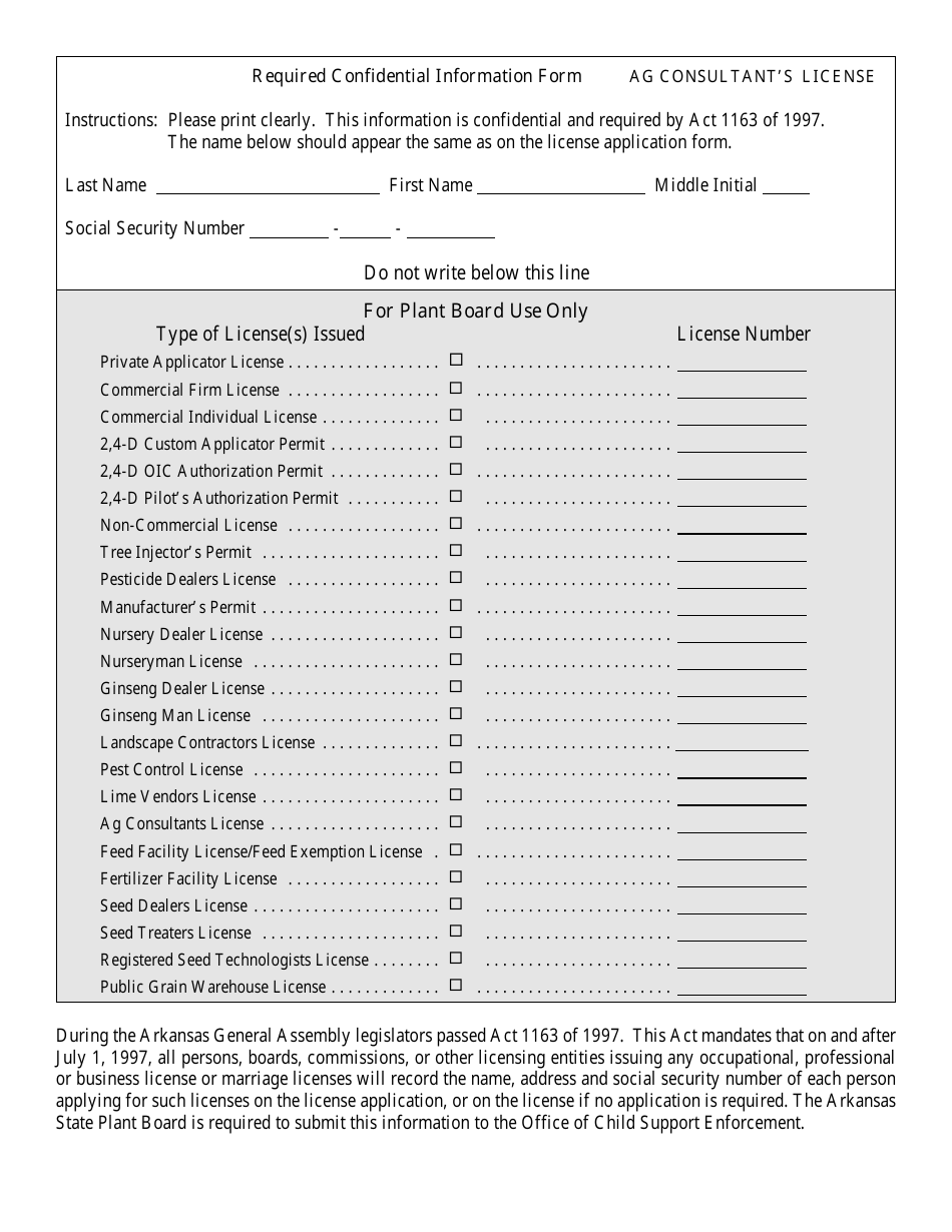Required Confidential Information Form - Ag Consultants License - Arkansas, Page 1