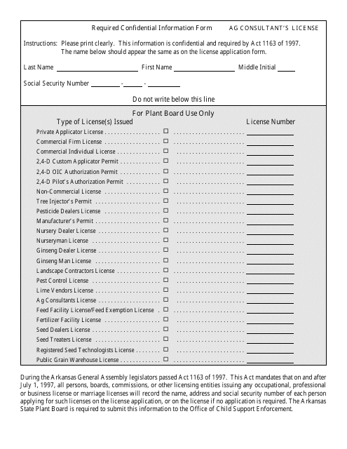 Required Confidential Information Form - Ag Consultant's License - Arkansas Download Pdf