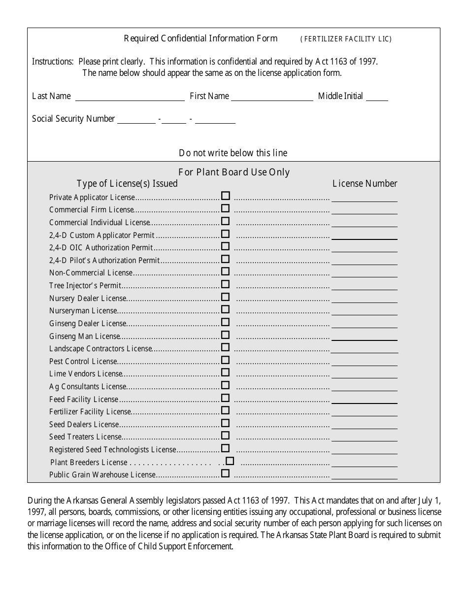 Required Confidential Information Form (Fertilizer Facility LIC) - Arkansas, Page 1