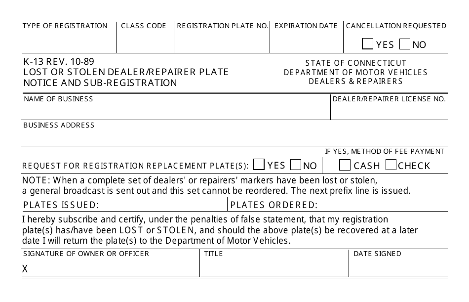 Form K-13 Lost or Stolen Dealer/Repairer Plate Notice and Sub-registration - Connecticut, Page 1