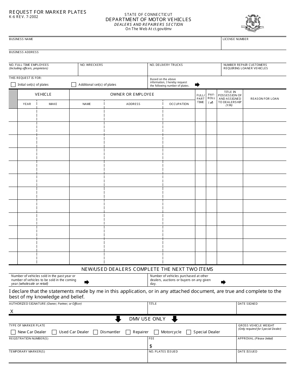 Form K-6 Request for Marker Plates - Connecticut, Page 1