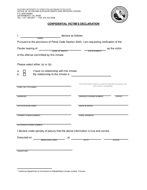 Confidential Victim's Declaration Form - California