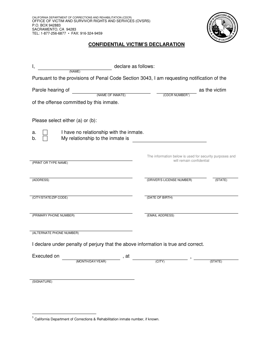 Confidential Victims Declaration Form - California, Page 1