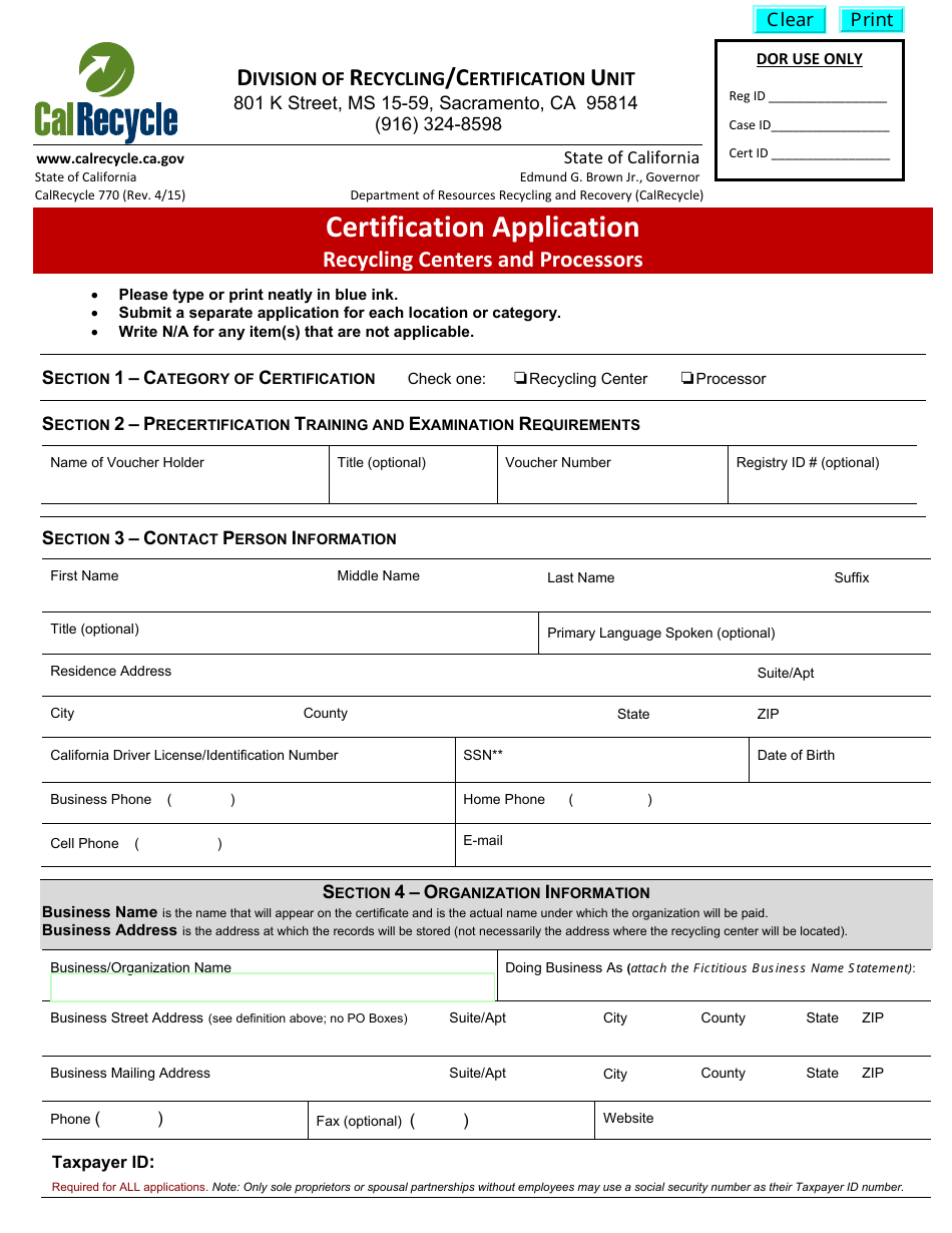 Form CalRecycle770 Certification Application for Recycling Centers and Processors - California, Page 1
