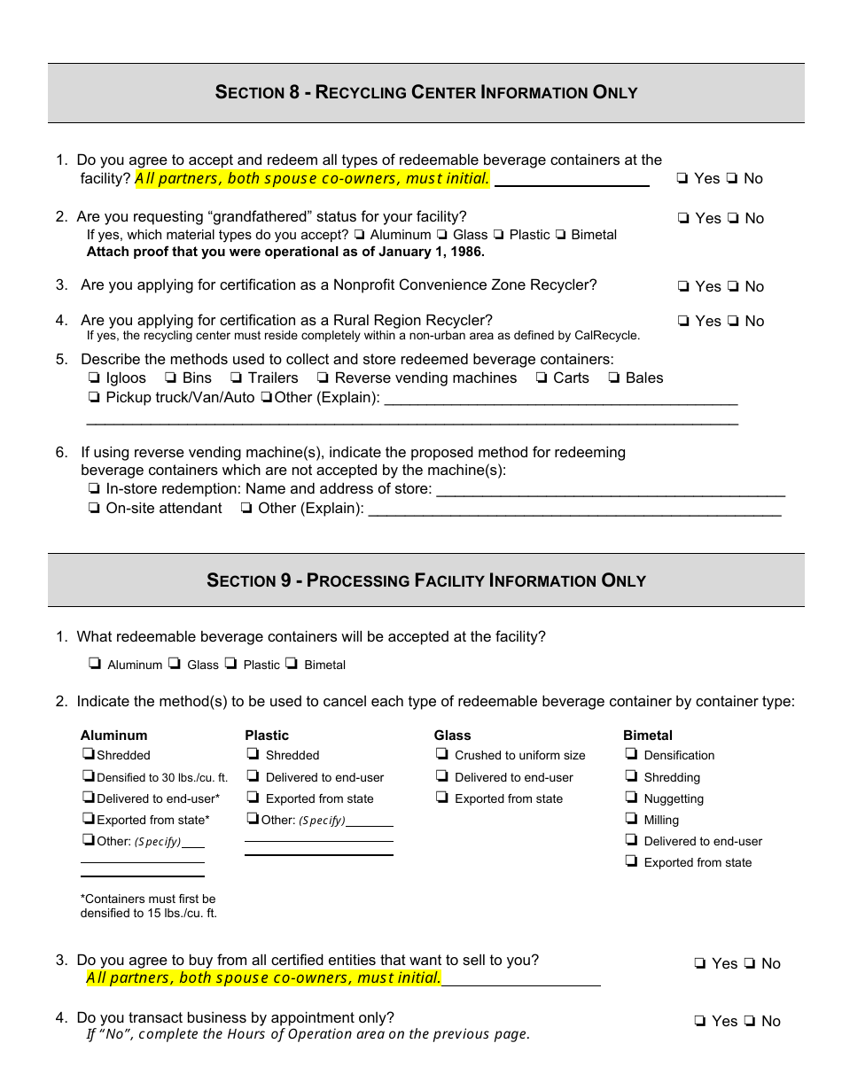 Form CalRecycle770 Certification Application for Recycling Centers and Processors - California, Page 4