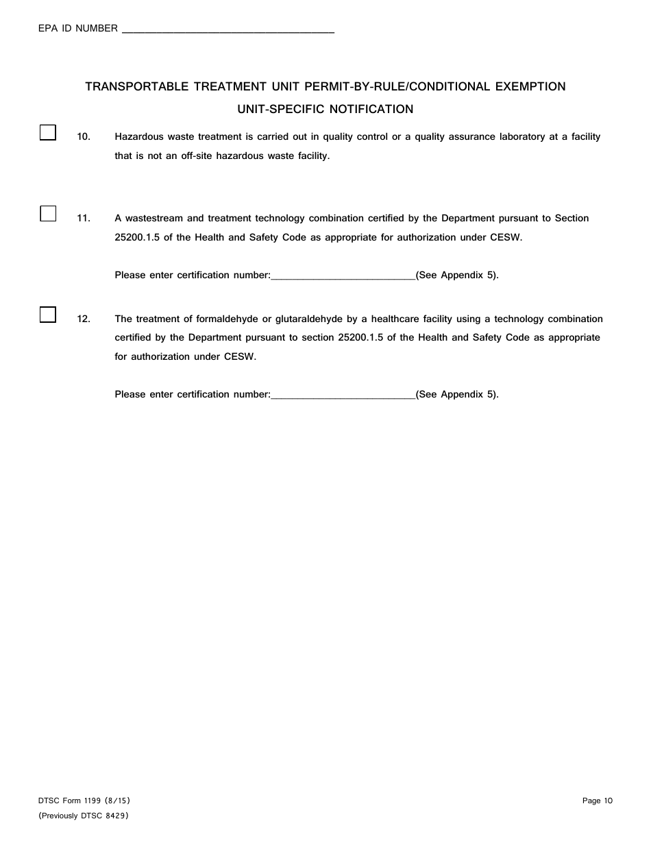 DTSC Form 1199 Transportable Treatment Unit Permit-By-Rule / Conditional Exemption Unit-Specific Notification - California, Page 10