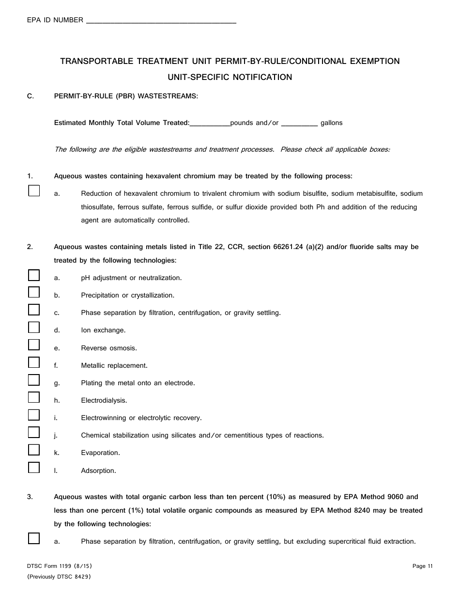 DTSC Form 1199 Transportable Treatment Unit Permit-By-Rule / Conditional Exemption Unit-Specific Notification - California, Page 11
