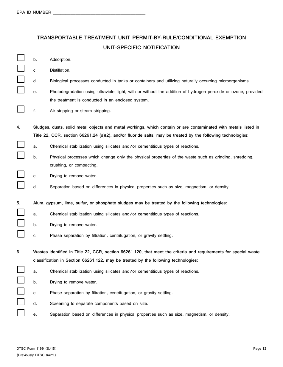 DTSC Form 1199 Transportable Treatment Unit Permit-By-Rule / Conditional Exemption Unit-Specific Notification - California, Page 12