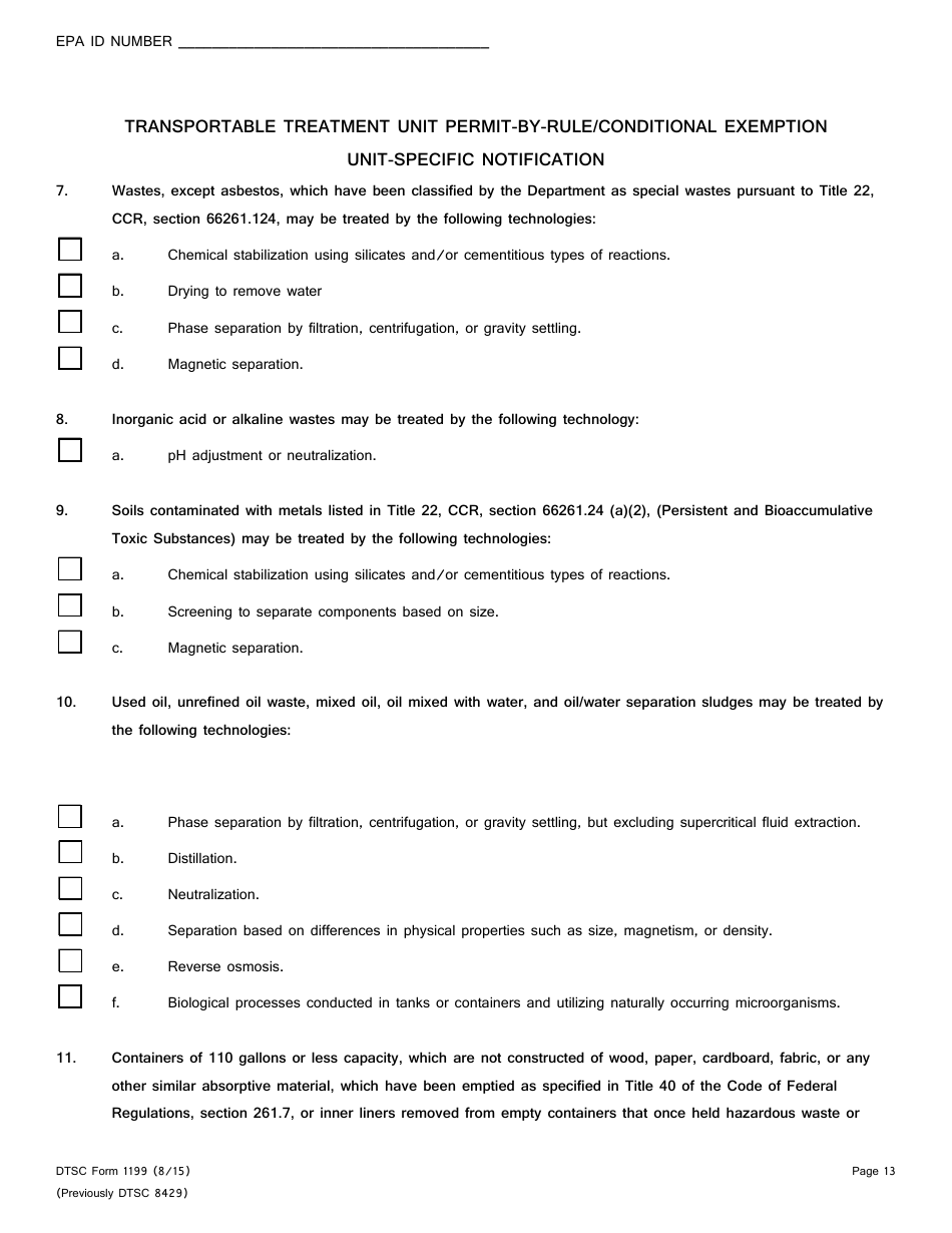 DTSC Form 1199 Transportable Treatment Unit Permit-By-Rule / Conditional Exemption Unit-Specific Notification - California, Page 13
