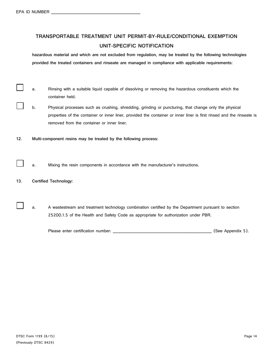 DTSC Form 1199 Transportable Treatment Unit Permit-By-Rule / Conditional Exemption Unit-Specific Notification - California, Page 14