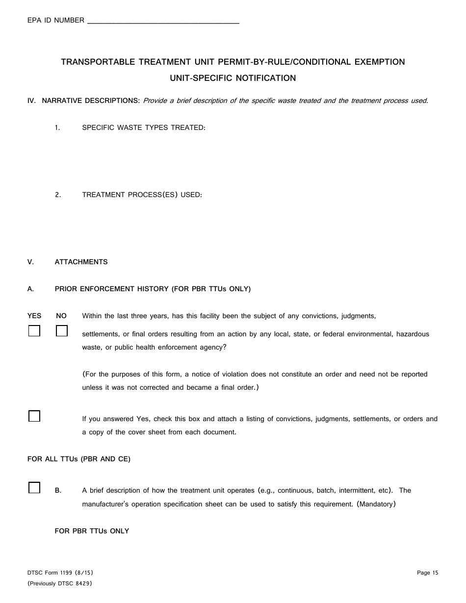 DTSC Form 1199 Transportable Treatment Unit Permit-By-Rule / Conditional Exemption Unit-Specific Notification - California, Page 15