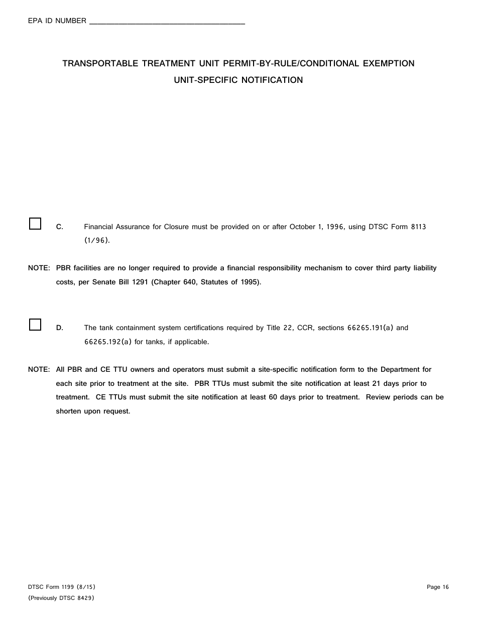 DTSC Form 1199 Transportable Treatment Unit Permit-By-Rule / Conditional Exemption Unit-Specific Notification - California, Page 16