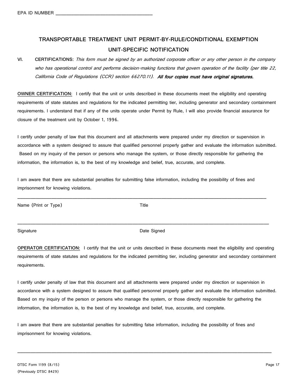 DTSC Form 1199 Transportable Treatment Unit Permit-By-Rule / Conditional Exemption Unit-Specific Notification - California, Page 17