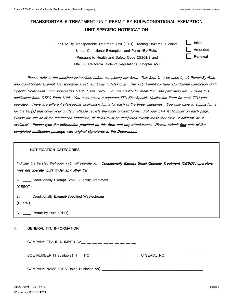 DTSC Form 1199 Transportable Treatment Unit Permit-By-Rule / Conditional Exemption Unit-Specific Notification - California, Page 1
