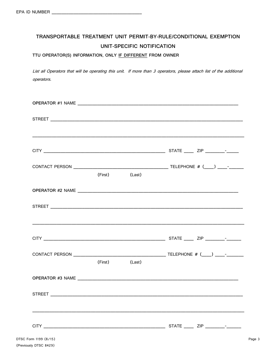 DTSC Form 1199 Transportable Treatment Unit Permit-By-Rule / Conditional Exemption Unit-Specific Notification - California, Page 3