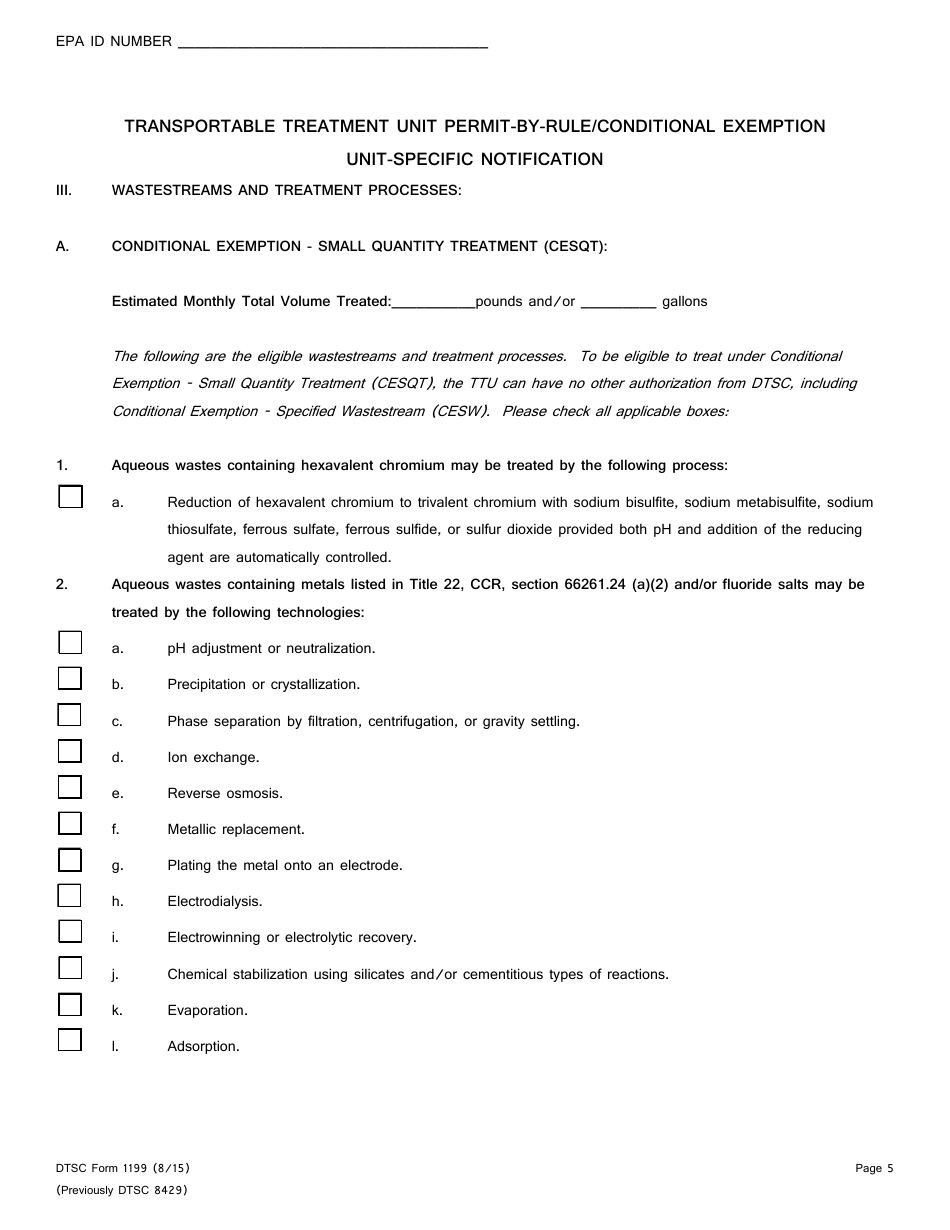 DTSC Form 1199 Transportable Treatment Unit Permit-By-Rule / Conditional Exemption Unit-Specific Notification - California, Page 5