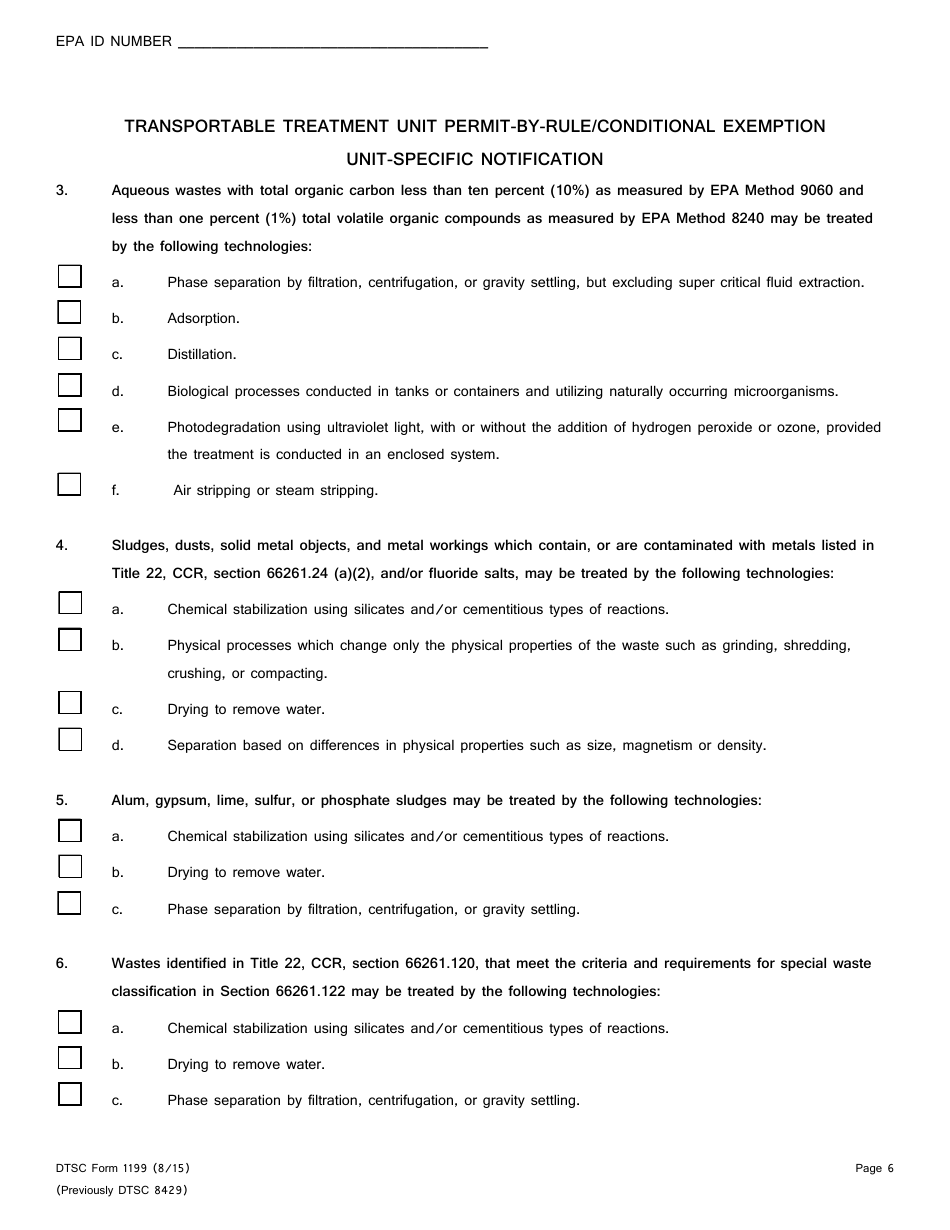 DTSC Form 1199 Transportable Treatment Unit Permit-By-Rule / Conditional Exemption Unit-Specific Notification - California, Page 6