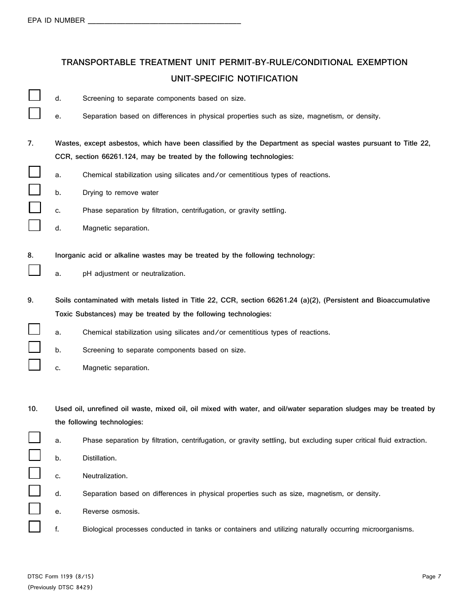 DTSC Form 1199 Transportable Treatment Unit Permit-By-Rule / Conditional Exemption Unit-Specific Notification - California, Page 7