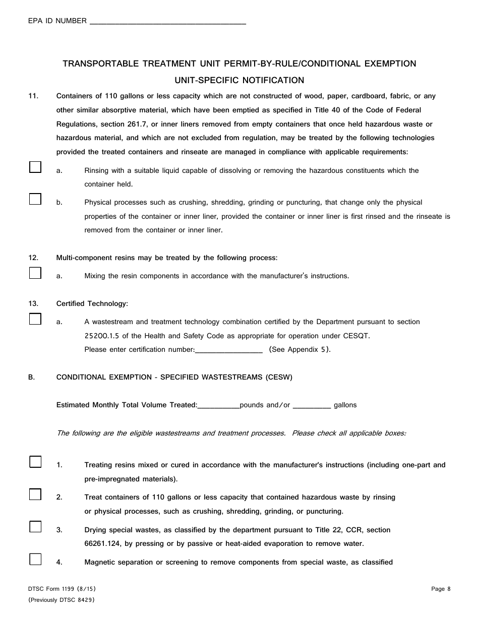 DTSC Form 1199 Transportable Treatment Unit Permit-By-Rule / Conditional Exemption Unit-Specific Notification - California, Page 8