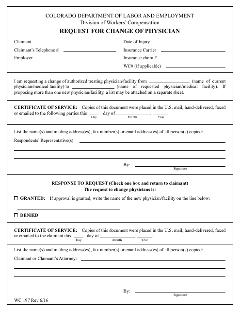 Form WC197 Request for Change of Physician - Colorado