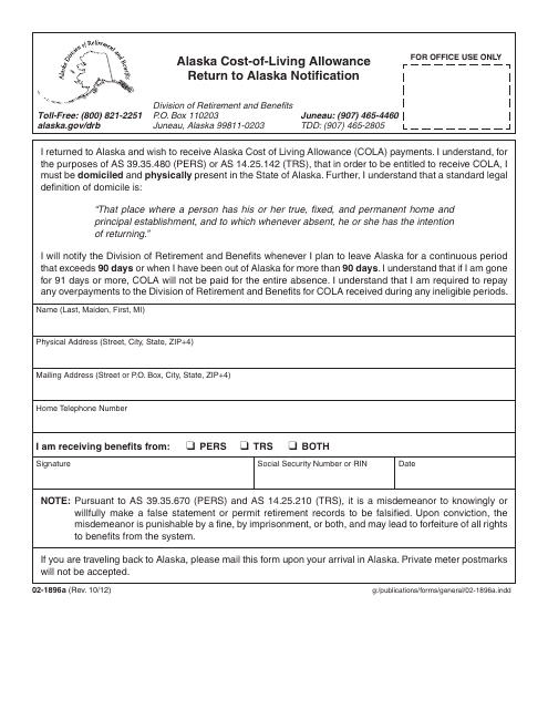 Form 02-1896A Return to Alaska Notification - Alaska Cost-Of-Living Allowance - Alaska