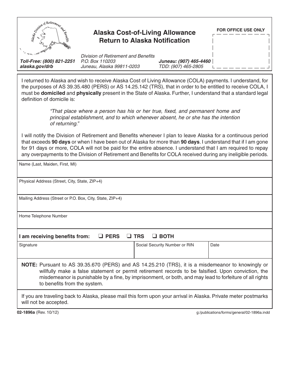 Form 02-1896A Return to Alaska Notification - Alaska Cost-Of-Living Allowance - Alaska, Page 1