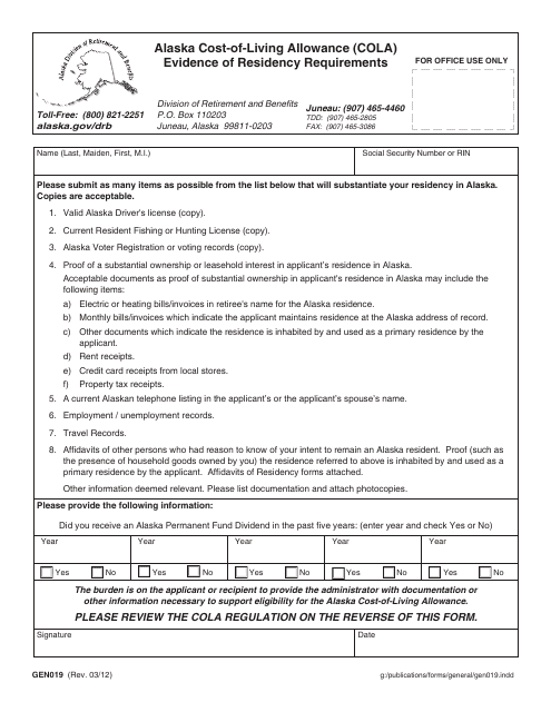 Form GEN019 Alaska Cost-Of-Living Allowance (Cola) Evidence of Residency Requirements - Alaska