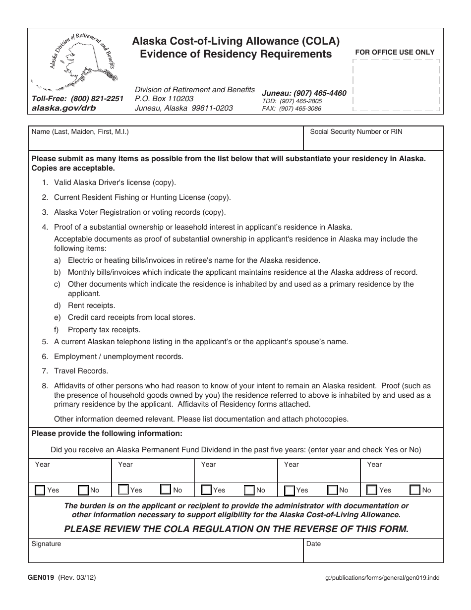 Form GEN019 Alaska Cost-Of-Living Allowance (Cola) Evidence of Residency Requirements - Alaska, Page 1