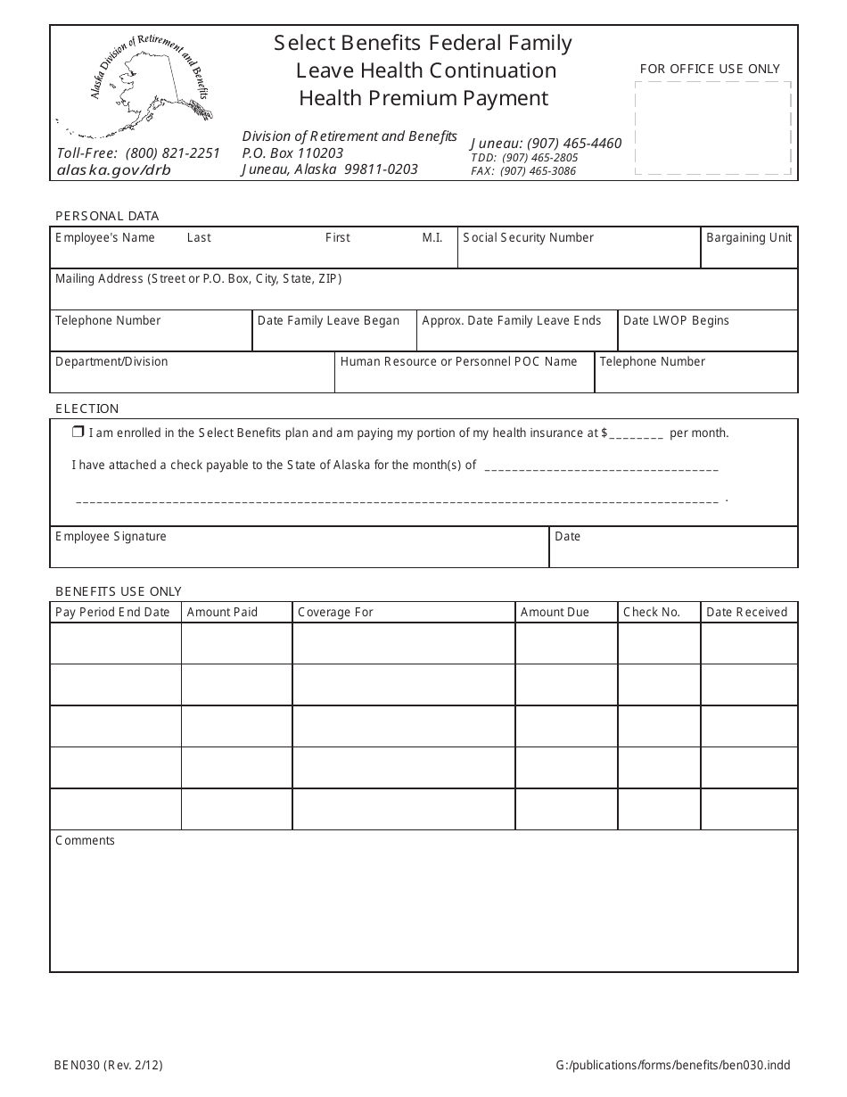 Form BEN030 Alaskacare Federal Family Leave Health Continuation - Health Premium Payment - Alaska, Page 1
