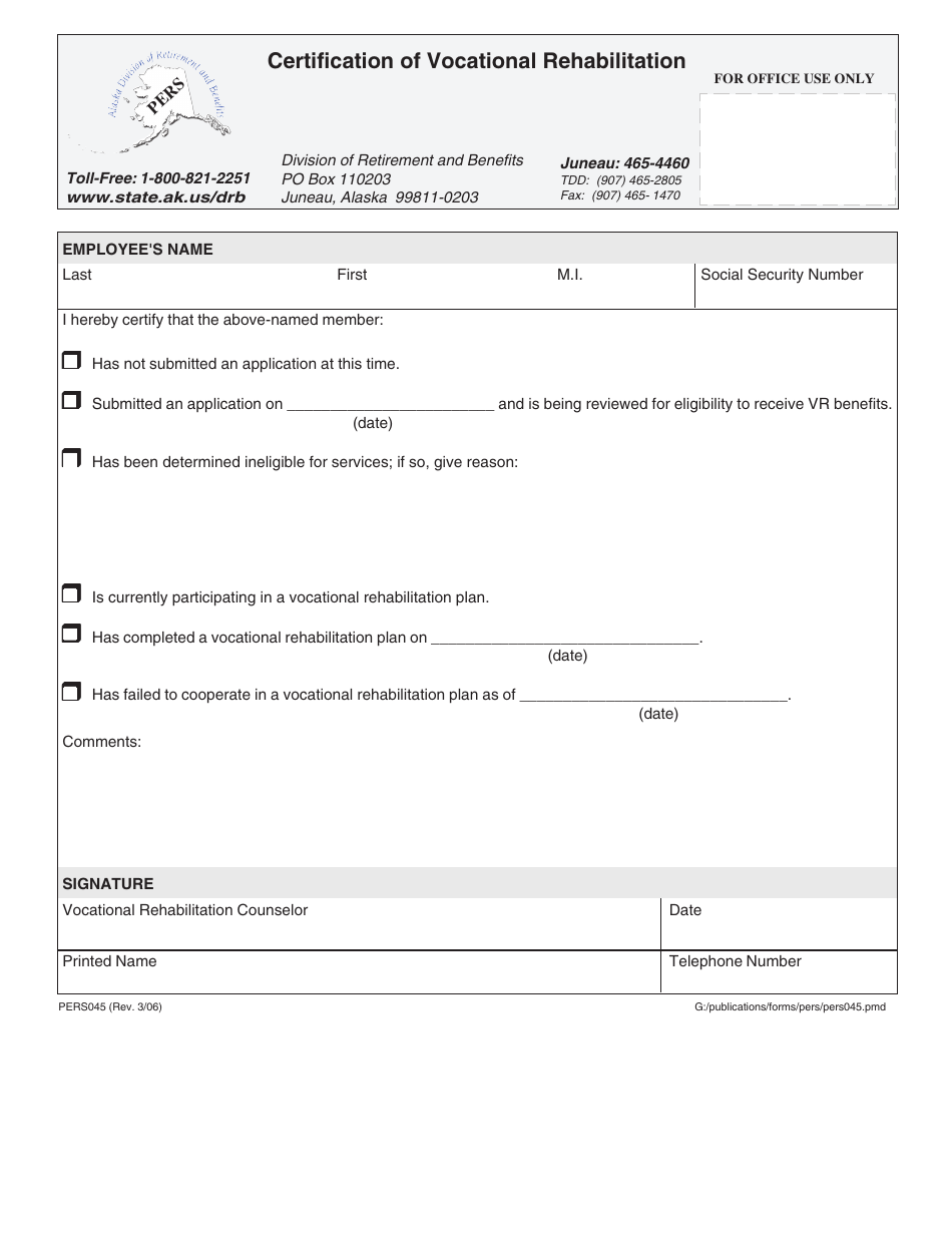 Form PERS045 Certification of Vocational Rehabilitation - Alaska, Page 1