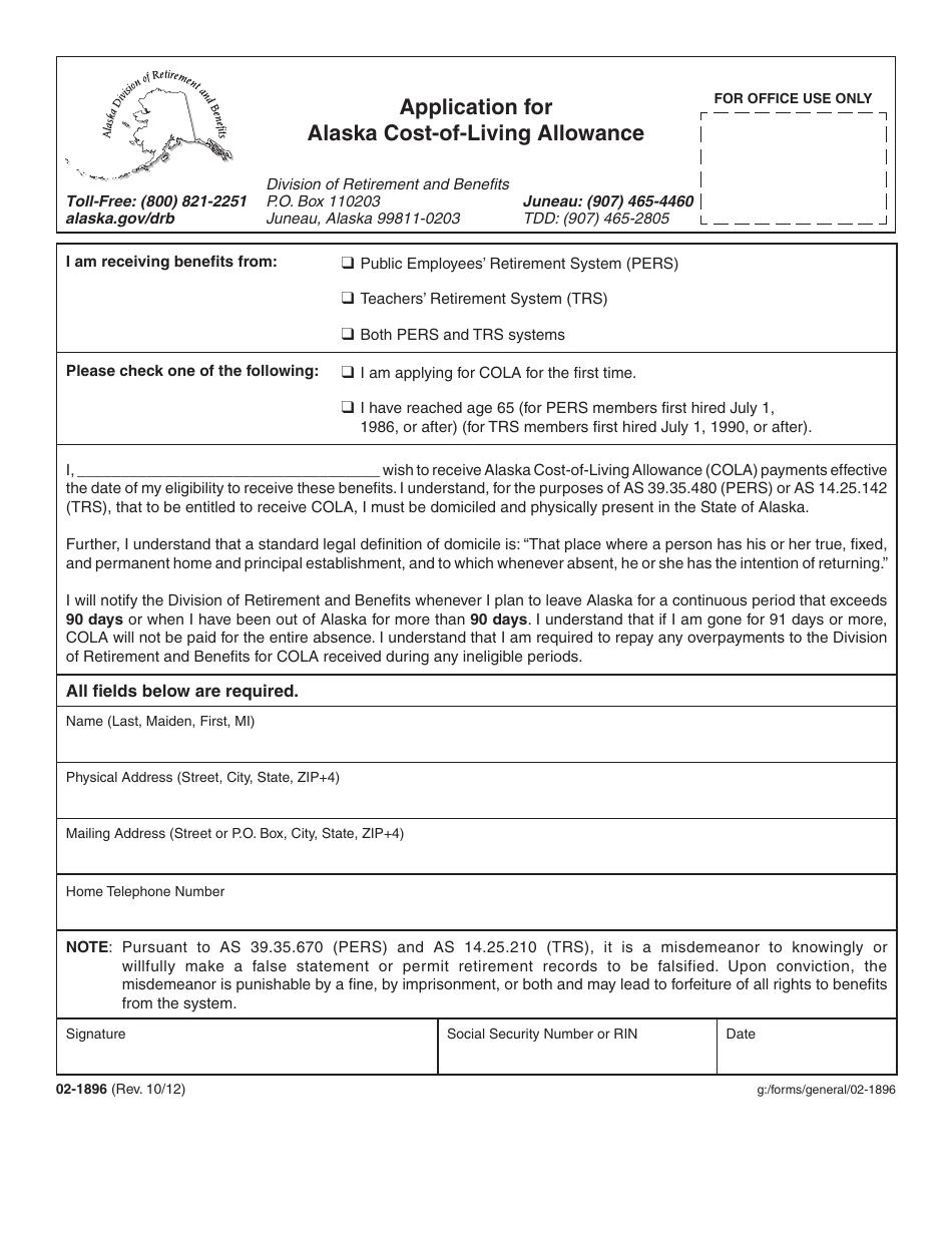 Form 02-1896 Application for Alaska Cost-Of-Living Allowance - Alaska, Page 1