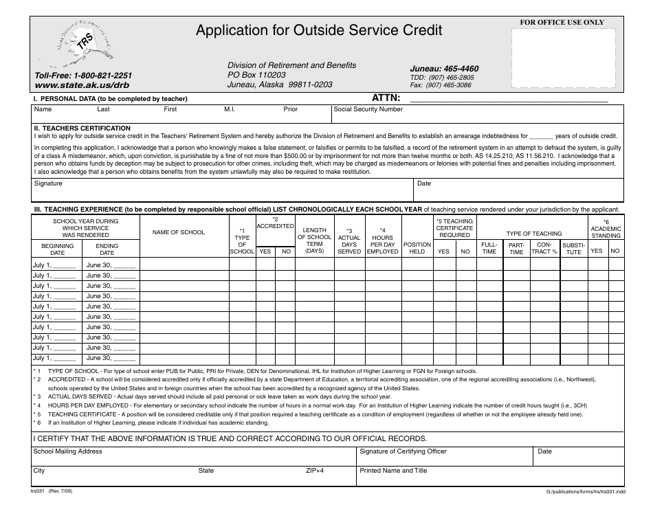 Form TRS031 Application for Outside Service Credit - Alaska, Page 1