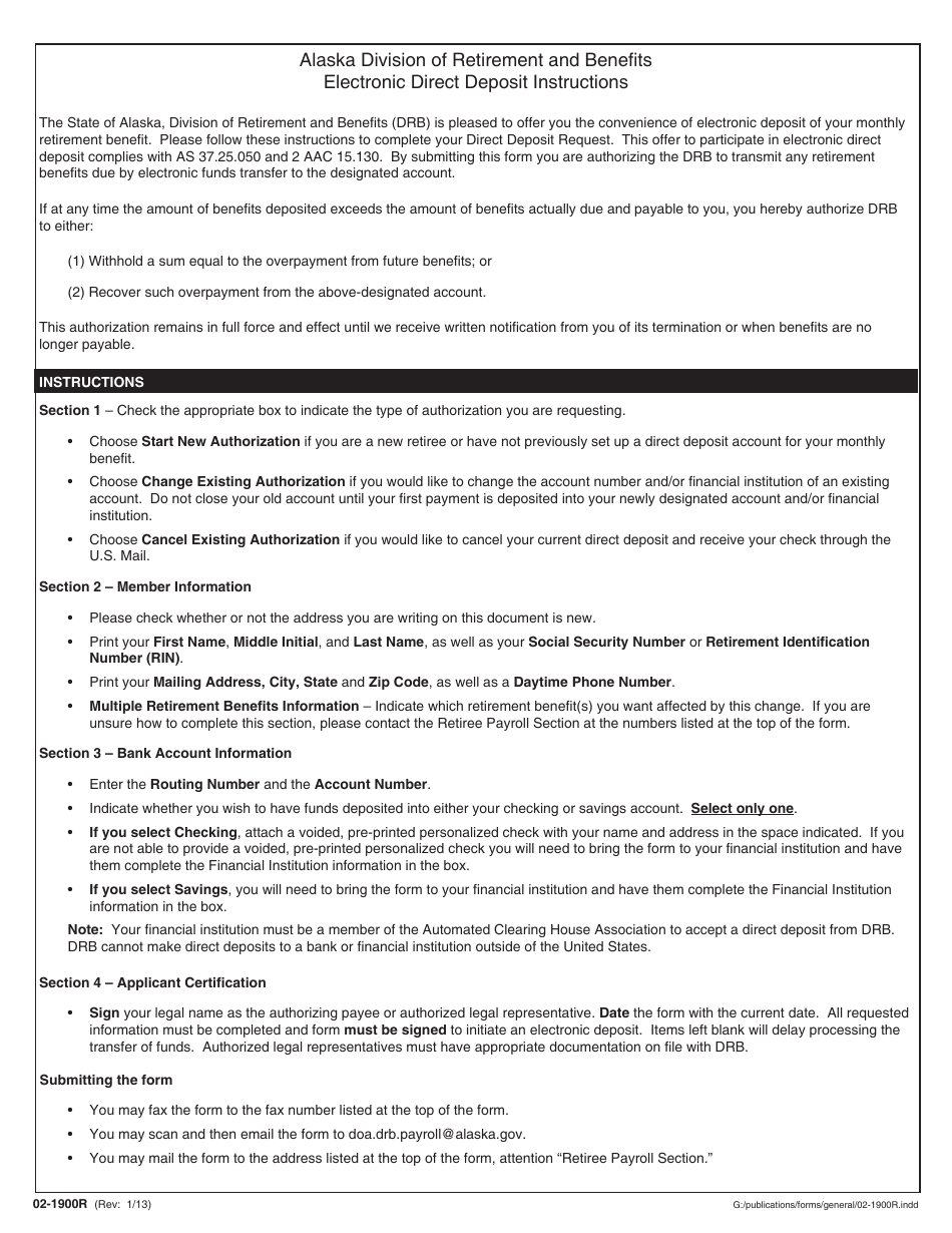 Form 02-1900R Electronic Direct Deposit Authorization for Retirees - Alaska, Page 2