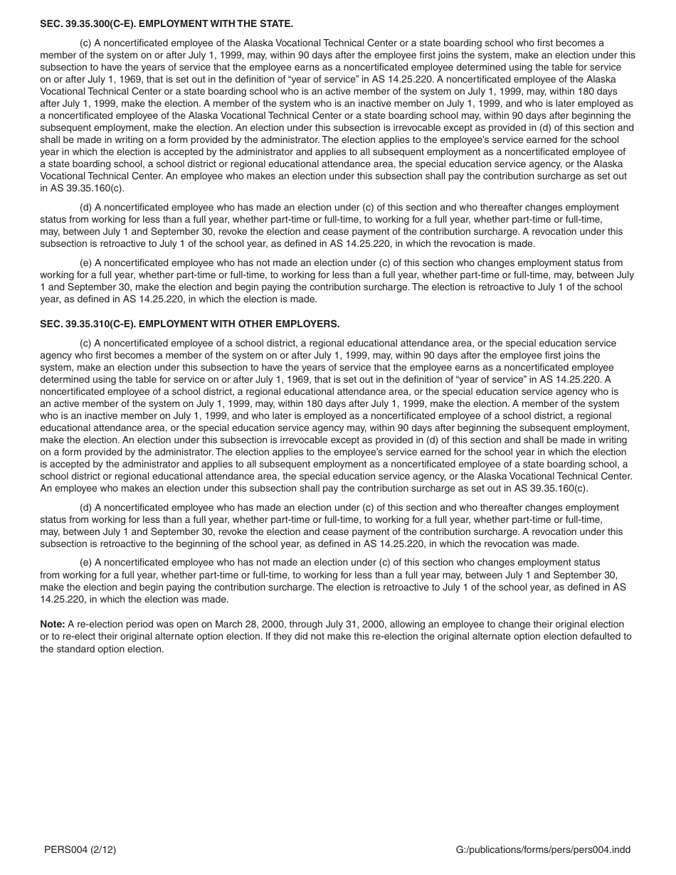 Form PERS004 Election of Standard or Alternate Option - Noncertificated (Classified) School Employees (Pers Tiers I, II  Iii) - Alaska, Page 2