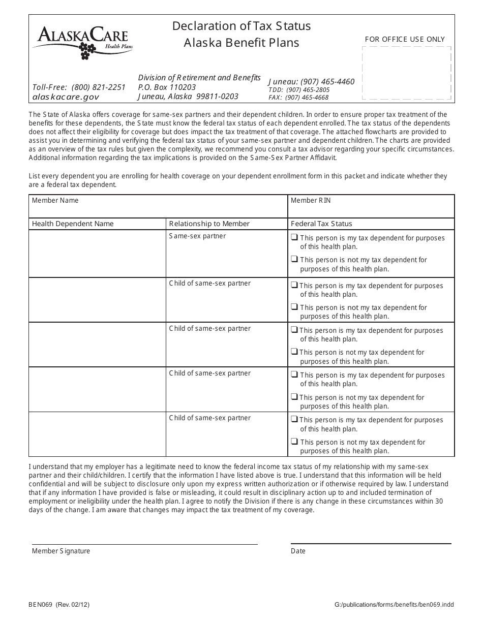 Form BEN069 Declaration of Tax Status - Alaska Care - Alaska, Page 1