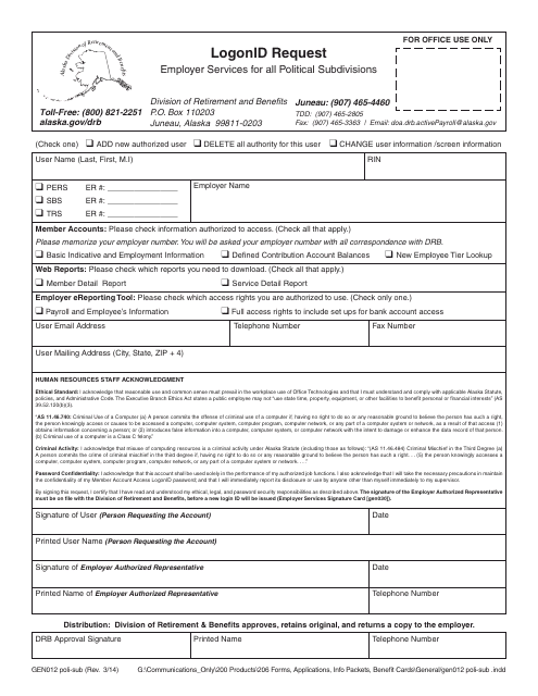 Form GEN012 POLI-SUB Logonid Request - Employer Services for All Political Subdivisions - Alaska