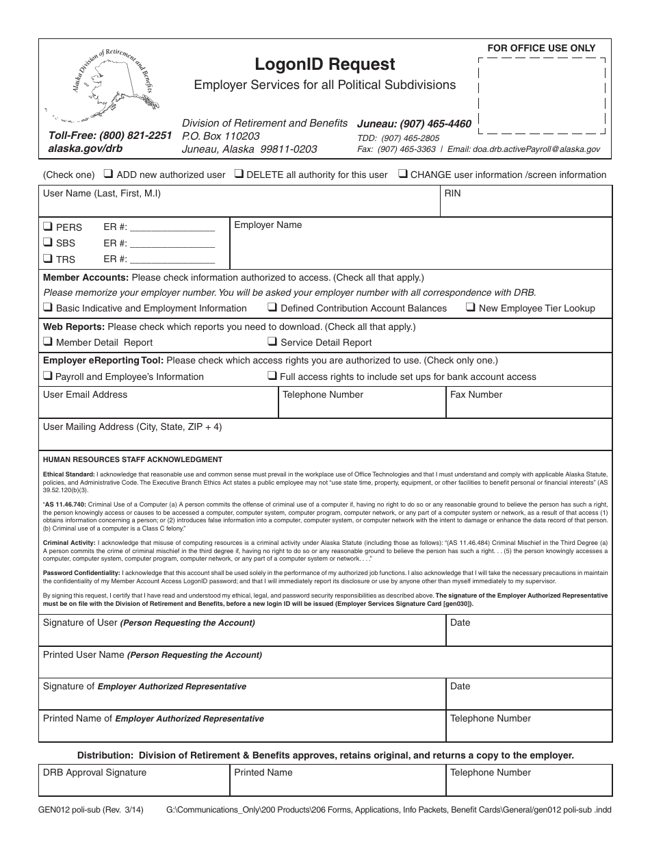 Form GEN012 POLI-SUB Logonid Request - Employer Services for All Political Subdivisions - Alaska, Page 1