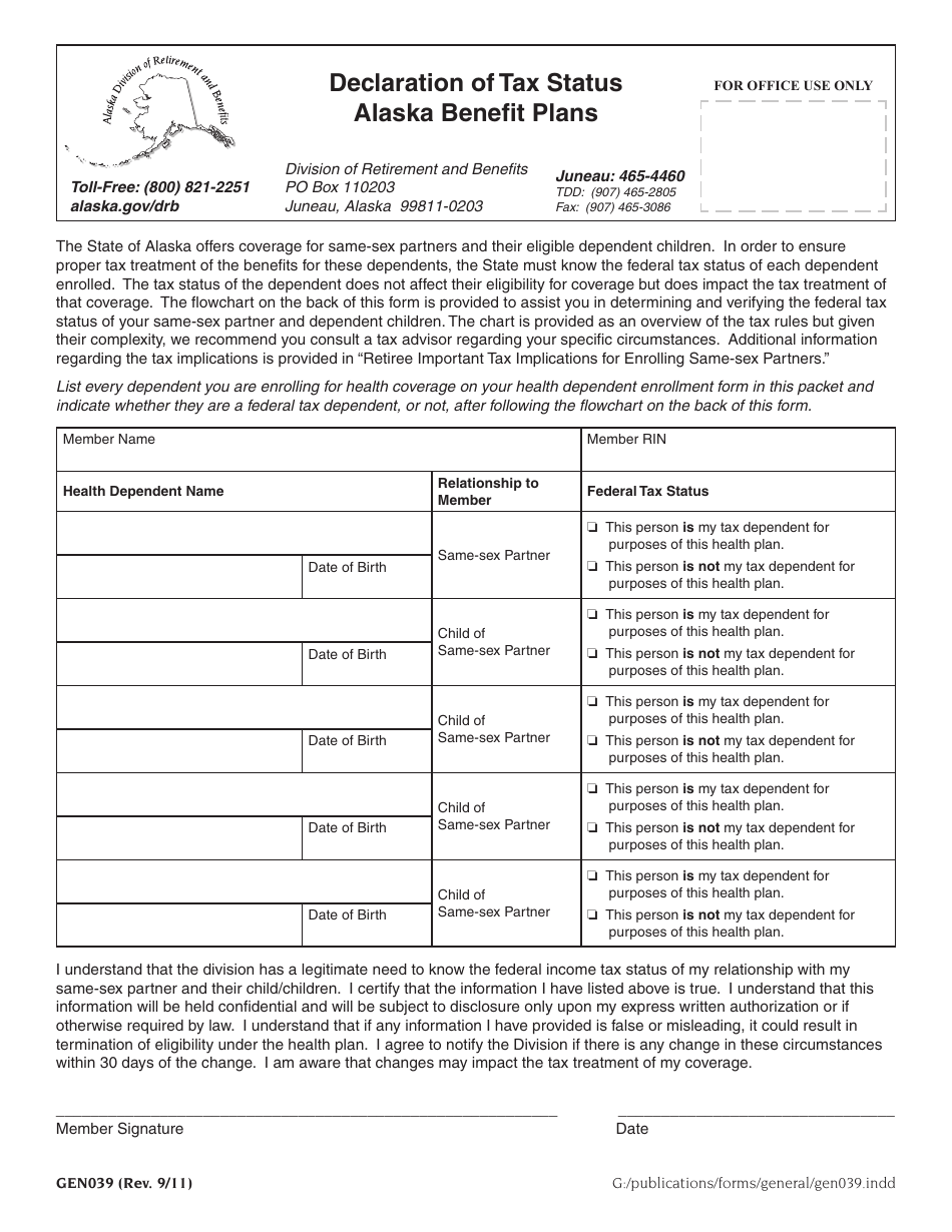 Form GEN039 Declaration of Tax Status - Alaska Retirement Benefits - Alaska, Page 1